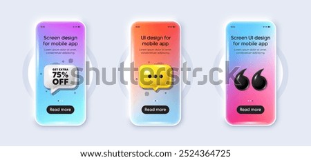 Phone 3d mockup gradient screen. Get Extra 75 percent off Sale. Discount offer price sign. Special offer symbol. Save 75 percentages. Extra discount phone mockup message. 3d chat speech bubble. Vector