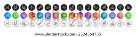 Escalator, Wallet and Video conference line icons. Round icon gradient buttons. Pack of Inflation, Brand contract, Time zone icon. Credit card, Delivery cart, Support pictogram. Vector