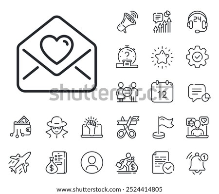 Heart mail sign. Salaryman, gender equality and alert bell outline icons. Love letter line icon. Valentine day symbol. Love letter line sign. Spy or profile placeholder icon. Vector