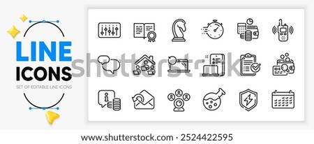 Power safety, Chat message and Calendar line icons set for app include Device, Timer, Survey checklist outline thin icon. Recovery laptop, Marketing strategy, Transmitter pictogram icon. Vector