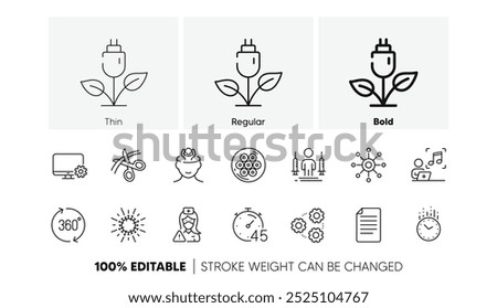 360 degrees, File and Cable section line icons. Pack of Monitor settings, Nurse, Timer icon. Time, Multichannel, Music pictogram. Scissors, Coronavirus injections, Gears. Eco power. Line icons. Vector