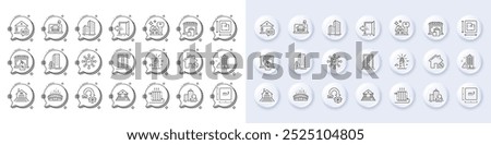 Square meter, Lighthouse and Market sale line icons. White pin 3d buttons, chat bubbles icons. Pack of Inspect, Buildings, Loan house icon. Market, Terrace, Arena stadium pictogram. Vector