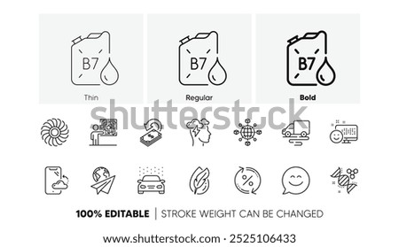 Smile chat, Chemistry dna and Smile line icons. Pack of Diesel canister, Loan percent, Smartphone cloud icon. Hypoallergenic tested, Mindfulness stress, Logistics network pictogram. Line icons. Vector