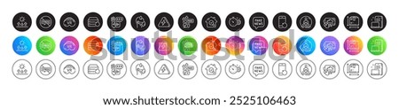 Cogwheel timer, Biometric security and Stop stress line icons. Round icon gradient buttons. Pack of Box size, Fake internet, Recovery server icon. Recovery phone, Inspect, Vr pictogram. Vector