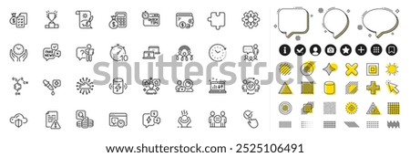 Set of Time change, Accounting wealth and Project deadline line icons for web app. Design elements, Social media icons. Cloud protection, Charge battery, Quick tips icons. Vector