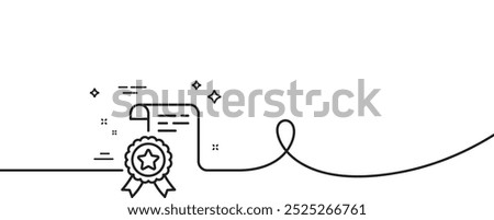 Certificate line icon. Continuous one line with curl. Certified document sign. Medal or stamp symbol. Certificate single outline ribbon. Loop curve pattern. Vector