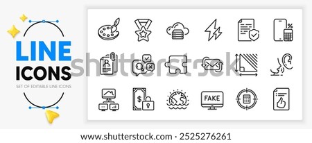 Certificate, Winner ribbon and Disaster line icons set for app include Triangle area, Electricity, Refresh mail outline thin icon. Calculator target, Approved document, Puzzle pictogram icon. Vector