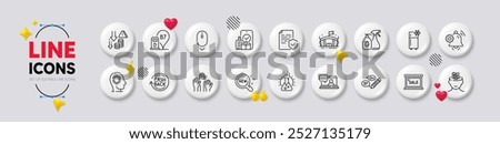 Carry-on baggage, Refrigerator and Scroll down line icons. White buttons 3d icons. Pack of Anxiety, Cashback, Deflation icon. Voting hands, Chemistry lab, Notification bell pictogram. Vector