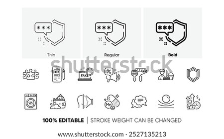 Phone code, Dryer machine and Paint roller line icons. Pack of Shield, Puzzle, Text message icon. Face id, Discounts offer, Elastic material pictogram. Manganese mineral, Security. Line icons. Vector