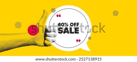 Hand showing thumb up like sign. Sale 40 percent off discount. Promotion price offer sign. Retail badge symbol. Sale chat bubble message. Grain dots hand. Like thumb up sign. Vector