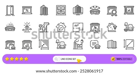 Factory, Enterprise and Lounge place line icons for web app. Pack of Buildings, Lighthouse, Square area pictogram icons. Food market, Market sale, Arena stadium signs. Open door. Search bar. Vector