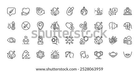 Oculist doctor, Skin cream and Eye drops line icons pack. AI, Question and Answer, Map pin icons. Shield, Face id, Low thermometer web icon. Vector