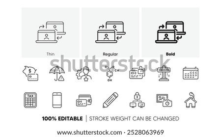 Calendar, Outsource work and Smartphone line icons. Pack of Pencil, Tax calculator, Home icon. Wallet, Lock, Risk management pictogram. Card, Attraction, Brand. Photo camera. Line icons. Vector