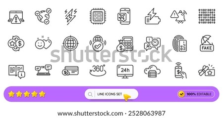 Time management, Binary code and Lightning bolt line icons for web app. Pack of Card, Fake news, Full rotation pictogram icons. 24h service, Phone payment, Payment method signs. Search bar. Vector