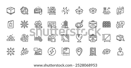 Send box, Warning briefcase and Search package line icons pack. AI, Question and Answer, Map pin icons. Framework, Palette, Opened box web icon. Vector