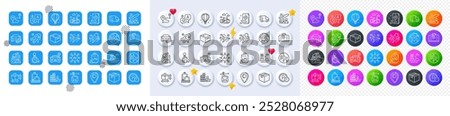 Place, Passenger and Office box line icons. Square, Gradient, Pin 3d buttons. AI, QA and map pin icons. Pack of Pin, Parcel, Parking time icon. Buy car, Search flight, Truck delivery pictogram. Vector