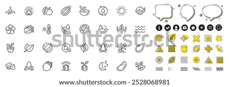 Set of Brazil nut, Apple and Almond nut line icons for web app. Design elements, Social media icons. Seafood, Greenhouse, Potato icons. Slow fashion, Leaf dew, Lotus signs. Vector