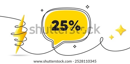 25 percent off sale tag. Continuous line art banner. Discount offer price sign. Special offer symbol. Discount speech bubble background. Wrapped 3d energy icon. Vector