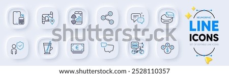 Speech bubble, Tea mug and Phone calculator line icons for web app. Pack of Security, Food delivery, Share pictogram icons. Buying currency, Euro currency, Employees messenger signs. Vector