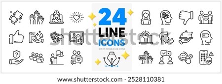 Icons set of Washing hands, Empower and Pay money line icons pack for app with Stress, Teamwork, Like thin outline icon. Weariness, Heart, Food delivery pictogram. Winner cup. Vector