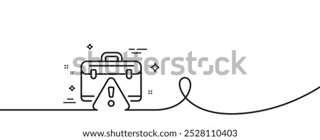 Warning briefcase line icon. Continuous one line with curl. Attention triangle sign. Caution diplomat symbol. Warning briefcase single outline ribbon. Loop curve pattern. Vector