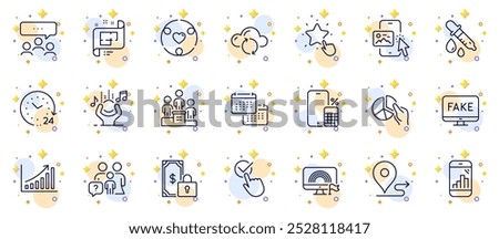 Outline set of Journey, Noise and Phone calculator line icons for web app. Include Lgbt, Graph chart, Inclusion pictogram icons. Business podium, Ranking star, Private payment signs. Vector