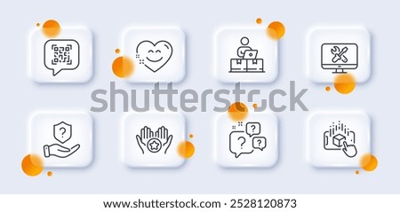 Online storage, Favorite and Smile chat line icons pack. 3d glass buttons with blurred circles. Qr code, Protection shield, Augmented reality web icon. Question bubbles, Repair pictogram. Vector