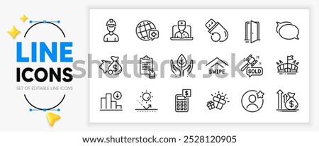 Flash memory, Swipe up and Piggy bank line icons set for app include Budget, Foreman, World medicine outline thin icon. Open door, Arena, Auction hammer pictogram icon. Decreasing graph. Vector