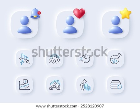 Recovery server, Inflation and Chart line icons. Placeholder with 3d bell, star, heart. Pack of Timer, Work home, Inclusion icon. Saving electricity, Chemistry lab pictogram. Vector