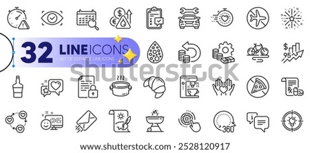 Outline set of Biometric eye, E-mail and Grill line icons for web with Coffee maker, Flight mode, Heart thin icon. Attention, 360 degrees, Timer pictogram icon. Friends community, SaucepanInfo. Vector