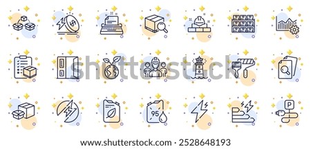 Outline set of Save planet, Electric energy and Lighthouse line icons for web app. Include Energy price, Typewriter, Canister pictogram icons. Inspect, Paint roller, Open door signs. Vector