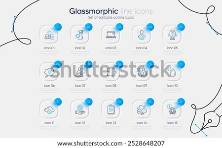 Set of Laptop, Clipboard and Water drop line icons for web app. Solar panel, Magnesium mineral, Qr code icons. Cloud computing, Yoga, Puzzle signs. Yoga balance, Safe planet, Coronavirus spray. Vector