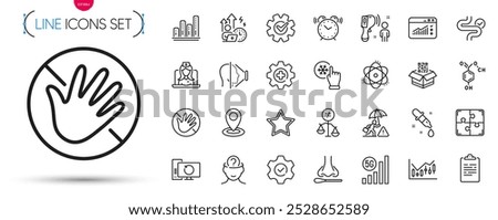 Pack of Alarm clock, Electronic thermometer and Chemistry pipette line icons. Include Face id, Qr code, Discrimination pictogram icons. Clipboard, Execute, Puzzle signs. Telemedicine. Vector