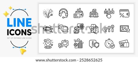 Consulting, Cardio training and Upload photo line icons set for app include Shield, Budget accounting, Boarding pass outline thin icon. Pin, Shopping bags, Search car pictogram icon. Vector