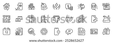 Icons pack as Inventory, Scroll down and Coins line icons for app include Wallet, Inventory cart, Smile outline thin icon web set. Property agency, Maze attention, Question mark pictogram. Vector