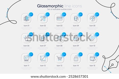 Set of Enterprise, Credit card and Lock line icons for web app. Electric energy, Parking app, Diesel icons. Square area, Download app, Fireworks signs. Question button, Calendar. Vector