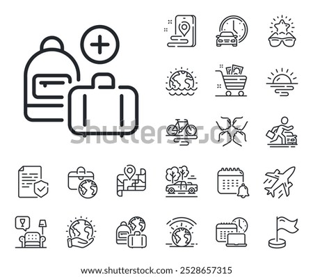 Add travel bag sign. Plane jet, travel map and baggage claim outline icons. Hand baggage line icon. Handbag luggage symbol. Add handbag line sign. Car rental, taxi transport icon. Vector