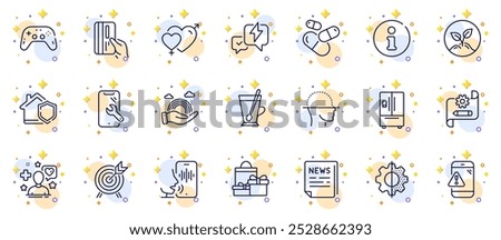 Outline set of Info, Patient and Voicemail line icons for web app. Include Capsule pill, Gamepad, Startup pictogram icons. Male female, Shopping, Transform signs. Fake news. Vector