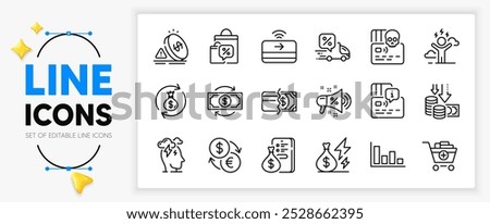 Difficult stress, Electricity price and Payment methods line icons set for app include Currency exchange, Money, Contactless payment outline thin icon. Sale bags, Add products. Vector