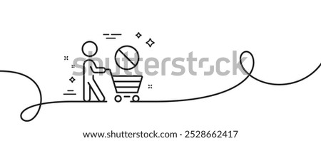 Stop shopping line icon. Continuous one line with curl. No panic buying sign. Man with shopping cart symbol. Stop shopping single outline ribbon. Loop curve pattern. Vector