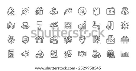 Food, Security statistics and Table lamp line icons pack. AI, Question and Answer, Map pin icons. Money diagram, Home moving, Money transfer web icon. Vector