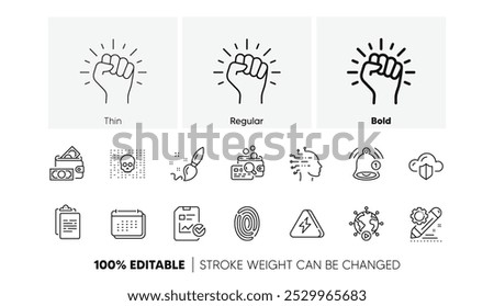 Empower, Lightning bolt and Cloud protection line icons. Pack of Project edit, Artificial intelligence, Calendar icon. Video conference, Cyber attack, Inspect pictogram. Fingerprint. Vector