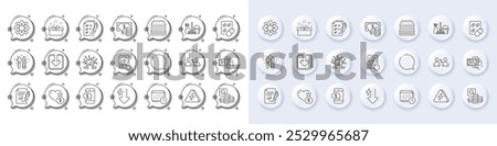 Lightning bolt, Energy drops and Coins banknote line icons. White pin 3d buttons, chat bubbles icons. Pack of Communication, Calendar, Load document icon. Vector