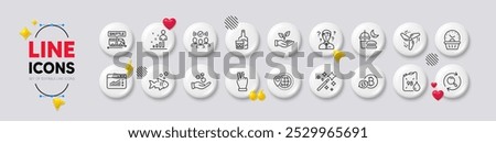 Magic wand, Helping hand and Support consultant line icons. White buttons 3d icons. Pack of World travel, Search, Web traffic icon. Squad, Night eat, Last minute pictogram. Vector