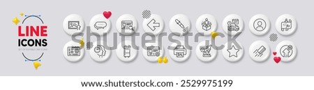 Star, 5g upload and Delivery line icons. White buttons 3d icons. Pack of Chemistry pipette, Dots message, Refrigerator icon. Left arrow, Upload photo, Journey path pictogram. Vector