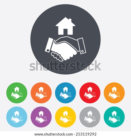 Home handshake sign icon. Successful business with house building symbol. Round colourful 11 buttons. Vector