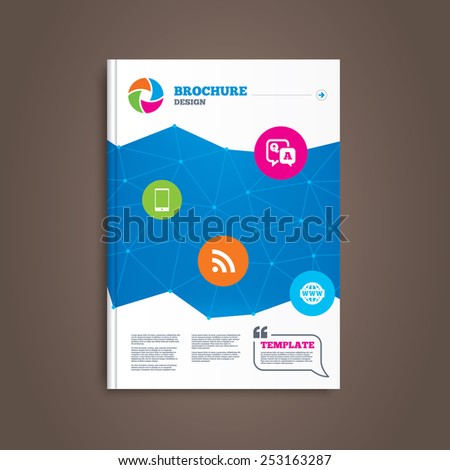 Brochure or flyer design. Question answer icon.  Smartphone and Q&A chat speech bubble symbols. RSS feed and internet globe signs. Communication Book template. Vector