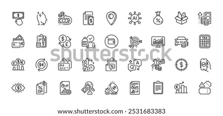 Sale bags, Clipboard and Card line icons pack. AI, Question and Answer, Map pin icons. Inflation, Fraud, Report web icon. Statistics, Business vision, Buy car pictogram. Vector