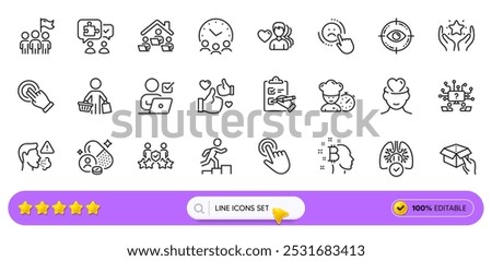 Teamwork question, Dislike and Man love line icons for web app. Pack of Like, Touchscreen gesture, Mental health pictogram icons. Ranking, Meeting time, Online voting signs. Cough. Search bar. Vector