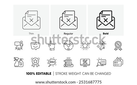 Fireworks, Discount medal and Card line icons. Pack of Idea, Reject letter, Radiator icon. Search, Cursor, Star pictogram. Smile face, Repair, Inclusion. People chatting, Ranking star. Vector